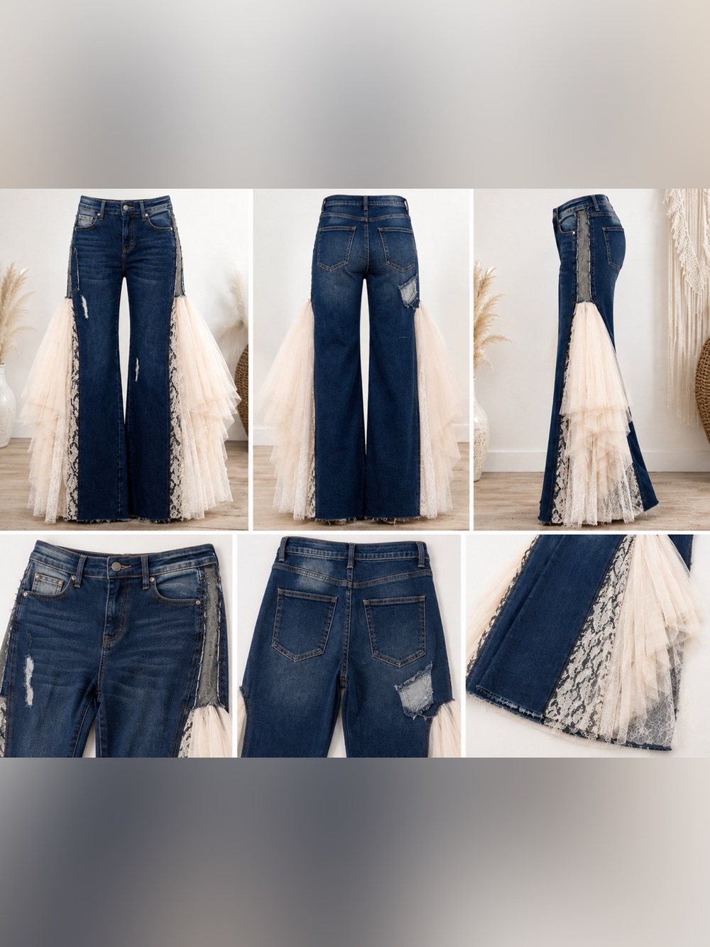 Blue Velvet Dark Denim Lace Tulle Ruffle Wide Leg Jeans - Picture 2 of 2